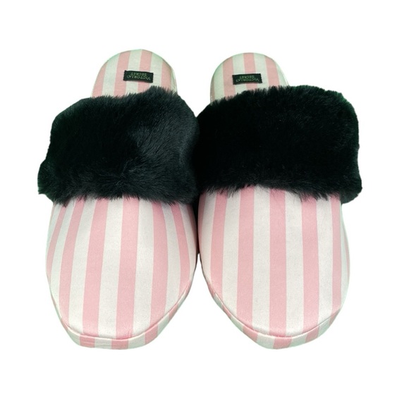 Victoria’s Secret Classic Pink and Black Faux Fur Close Toed Slippers - Picture 2 of 12